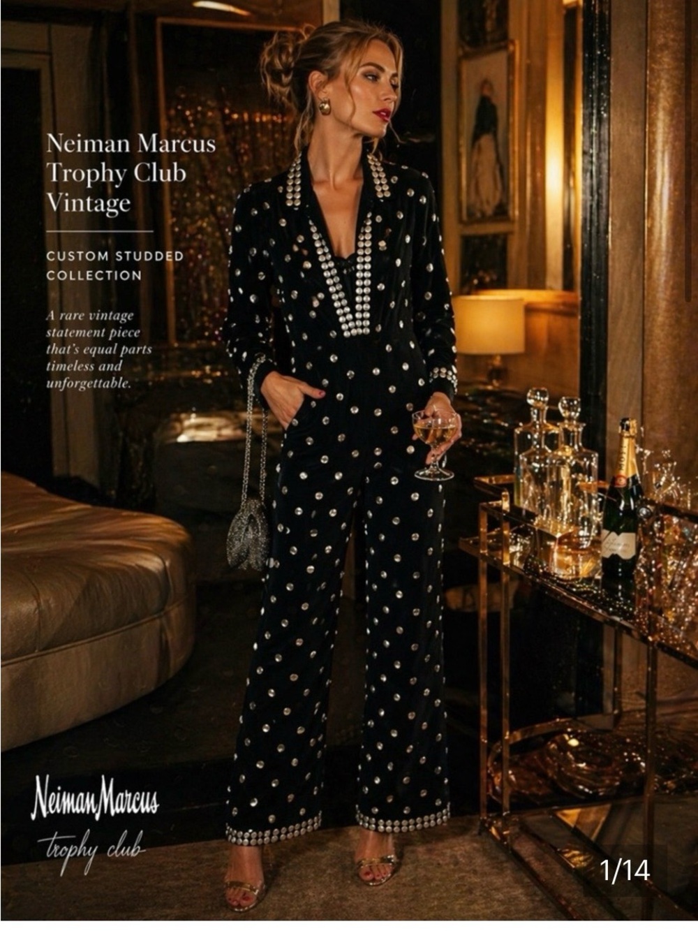 Neiman Marcus Black Stud-Embellished Wide-Leg Jumpsuit